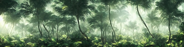 Prachtige magische palm fantastische bomen palm forest jungle landschap zonnestralen verlichten de bladeren en takken van bomen magische zomer 3d illustratie