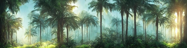 Prachtige magische palm fantastische bomen palm forest jungle landschap zonnestralen verlichten de bladeren en takken van bomen magische zomer 3d illustratie