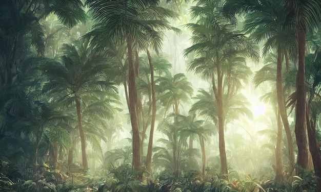 Prachtige magische palm fantastische bomen palm forest jungle landschap zonnestralen verlichten de bladeren en takken van bomen magische zomer 3d illustratie