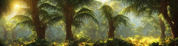 Prachtige magische palm fantastische bomen Palm Forest jungle landschap zonnestralen verlichten de bladeren en takken van bomen Magische zomer 3d illustratie