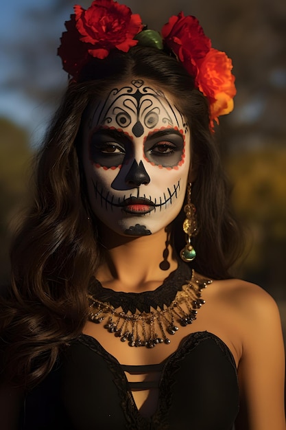 prachtige Mexicaanse vrouw geschilderd als suikerschedel op Dia De Los Muertos