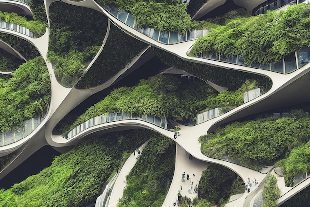 Foto prachtige milieubewustzijn stad met verticaal bos concept van metropolis bedekt met groene planten civiele architectuur en natuurlijke biologische leven combinatie digitale kunst 3d illustratie.