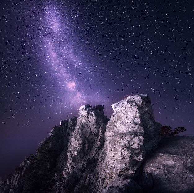 Prachtige nacht landschap met rotsen en sterrenhemel