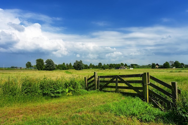 Prachtige natuur achtergrond landschap met hek