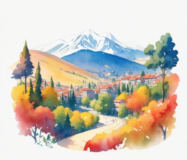 Prachtige natuur landschap bergen dorp aquarel illustratie