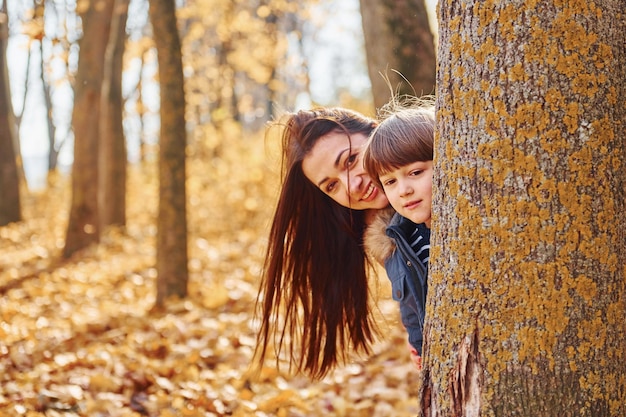 Prachtige natuur Moeder met haar zoon heeft plezier buiten in het herfstbos