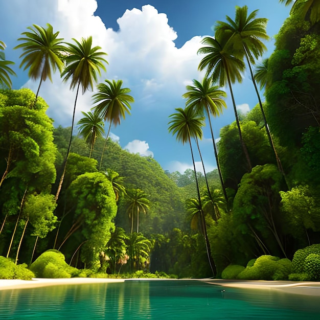 Prachtige natuurachtergronden bossen en palmbomen met het meer