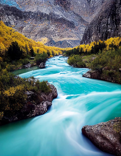 Prachtige ongerepte natuur met heldere rivier 3D geïllustreerd