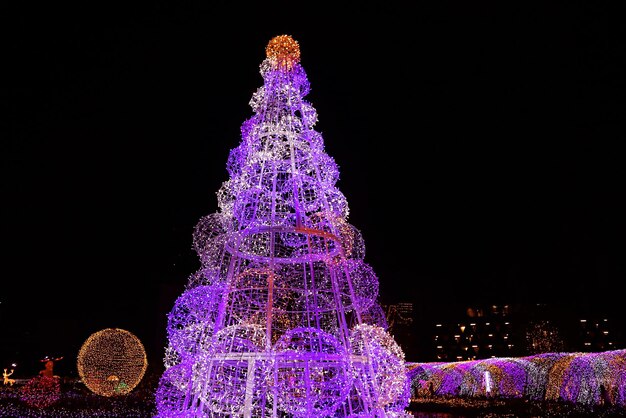 Prachtige paarse en gouden gigantische kerstboom glinsterend tegen de nachtelijke hemel
