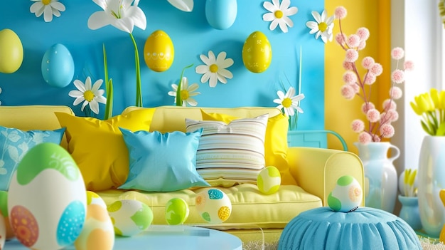 Prachtige paaskamer decoratie met levendige eieren een paaskonijn en bloemenarrangementen