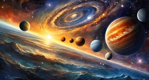 Foto prachtige planeten van het zonnestelsel tegen de achtergrond van een spiraalvormig sterrenstelsel in de ruimte