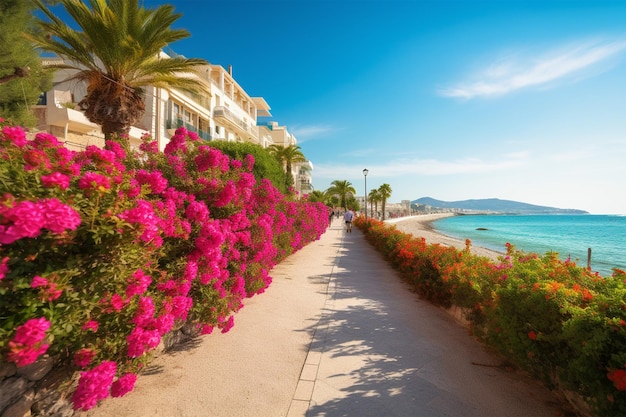 Prachtige Resort Promenade met bloeiende kleurrijke bloemen