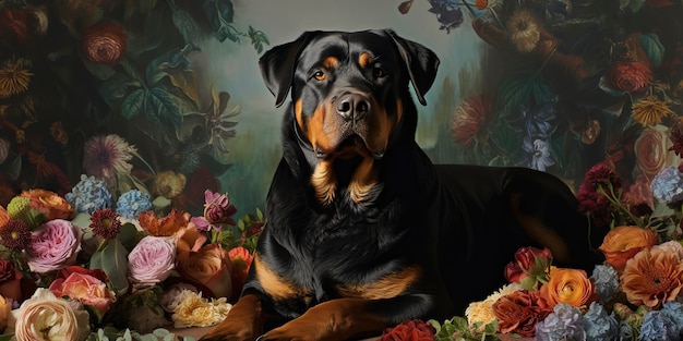 Prachtige Rottweiler te midden van bloemen Een prachtige natuurfotografie Generatieve AI