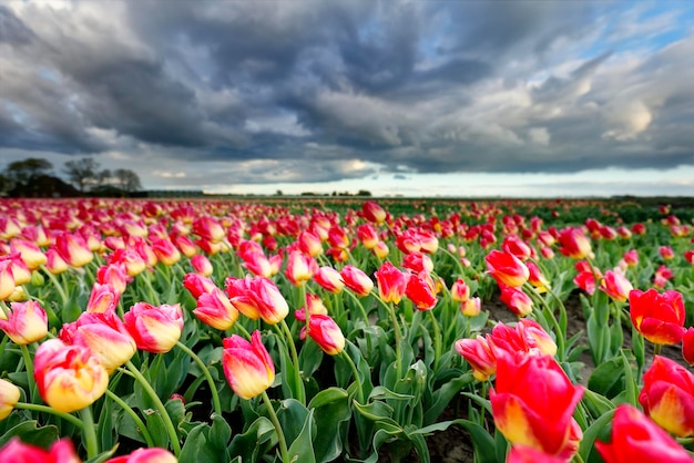 Foto prachtige roze tulpen en dramatische lucht