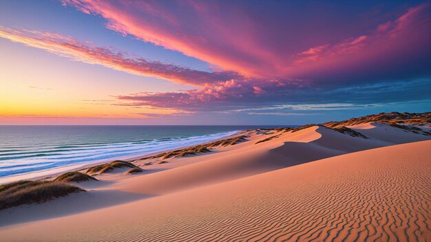 Foto prachtige sereniteit duinen op het strand zonsondergang uitzicht over de oceaan van witte zandduinen met pastel