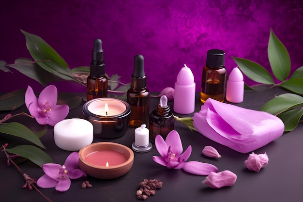 Prachtige spa samenstelling op paarse achtergrond Natuurlijke huidverzorging cosmetische producten