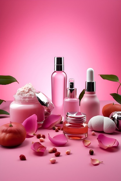 Prachtige spa samenstelling op roze achtergrond Natuurlijke huidverzorging cosmetische producten AI gegenereerd