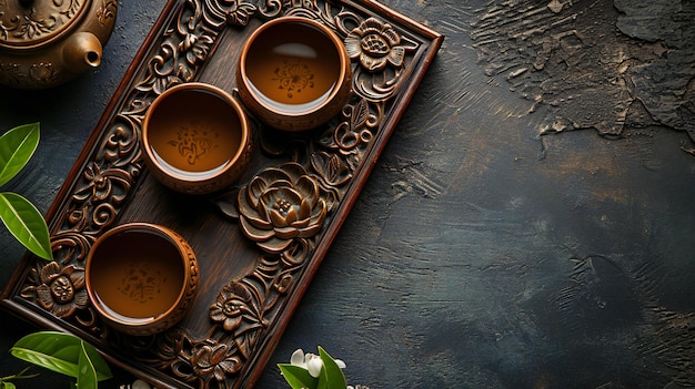 Prachtige theeset op gesneden houten dienblad donkere achtergrond