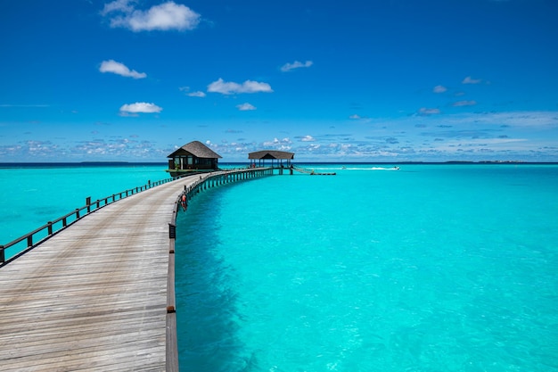 Prachtige tropische Malediven eiland met blauwe zee, blauwe lucht voor natuur vakantie vakantie achtergrond