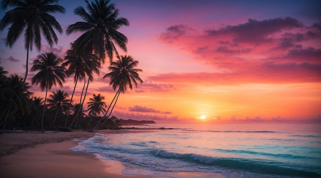 Foto prachtige tropische zonsondergang over het strand met palmbomen silhouetten