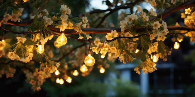 Prachtige tuinstraatslinger in bloemenclose-up 's nachts Generatieve AI