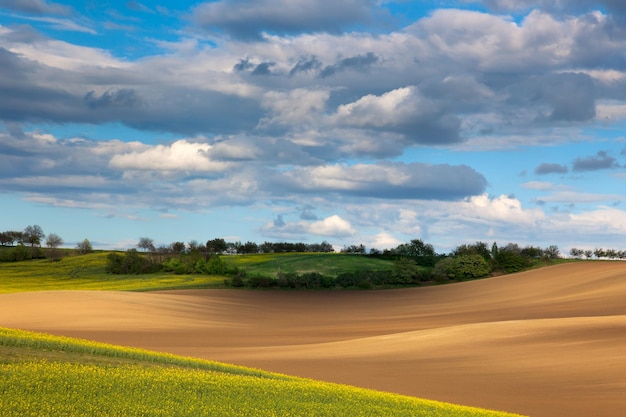 Prachtige vallei kleurrijk land en bloeiend veld met uitzicht op