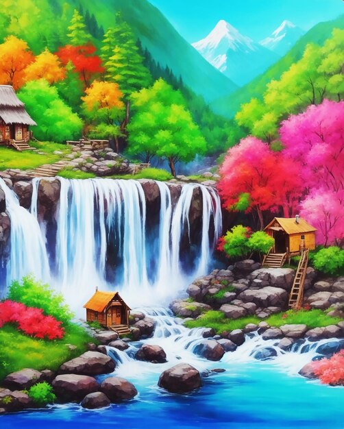 prachtige veelkleurige creatieve hut en bergwaterval acryl schilderij op canvas HD acryl afbeelding