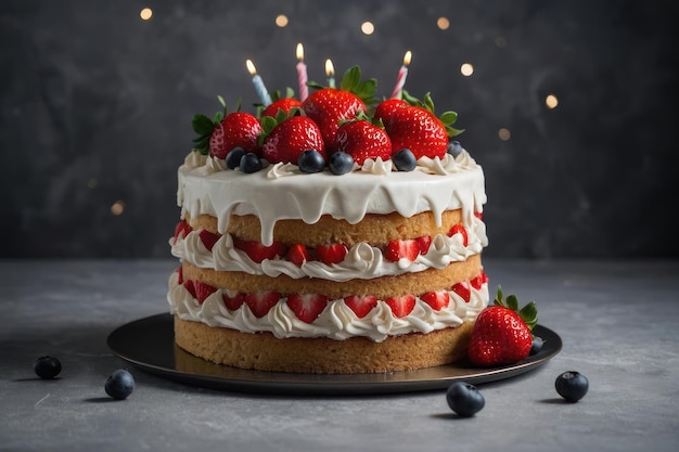 Foto prachtige verjaardagstaart bedekt met chantillly en verse aardbeien