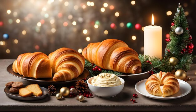 Prachtige verschillende kerstverfraaiingen en croissants op een aardse kleurige substantiële tafel