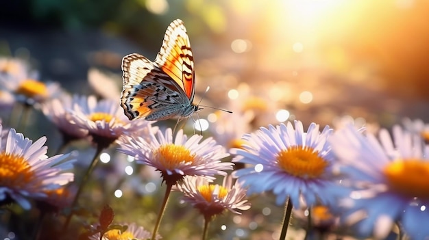 Prachtige vlinder onder wilde bloemen onscherpe achtergrond