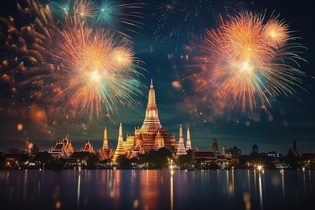 Prachtige vuurwerkshow in Wat Arun Bangkok Thailand Prachtige vuurwerkshow voor feest met vervaging bokeh licht over Phra Nakhon Khiri AI gegenereerd