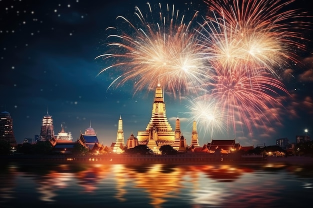 Prachtige vuurwerkshow in Wat Arun Bangkok Thailand Prachtige vuurwerkshow voor viering met vervagen bokeh licht over Phra Nakhon Khiri AI gegenereerd