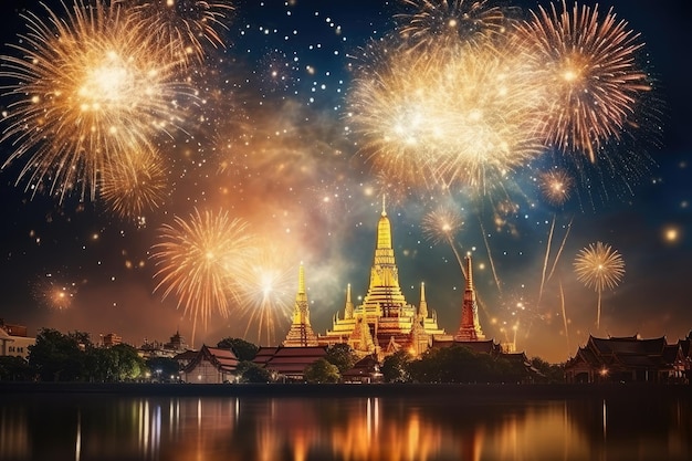 Prachtige vuurwerkshow in Wat Arun-tempel Bangkok Thailand Prachtige vuurwerkshow voor feest met vervaging bokeh licht over Phra Nakhon Khiri AI gegenereerd