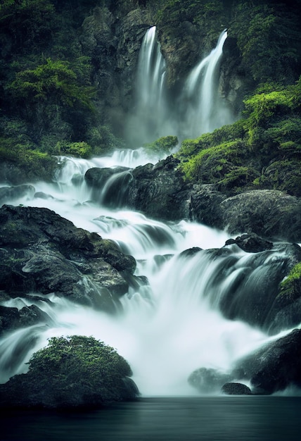 Prachtige waterval in diep bos als een paradijs 2D illustratie