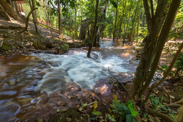 Prachtige waterval in regenwoud, provincie Kanchanaburi, Zuidoost-Azië, Thailand