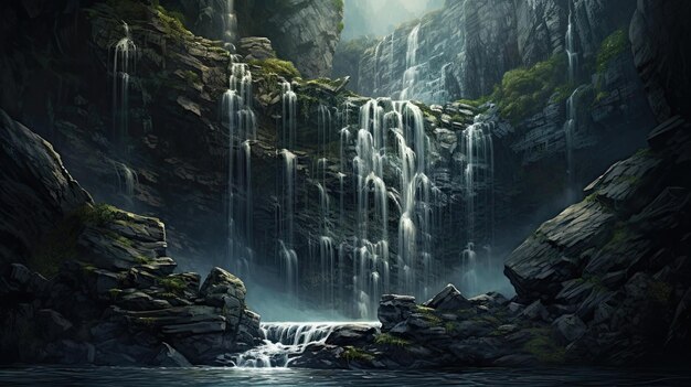 Prachtige waterval stroomt langs een rotsachtige klif Indrukwekkende cascade ruig terrein natuurwonder adembenemend landschap trapsgewijze schoonheid Gegenereerd door AI