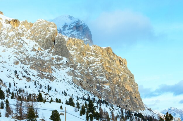 Prachtige winter berglandschap met dennenboom op helling Falzarego Pass