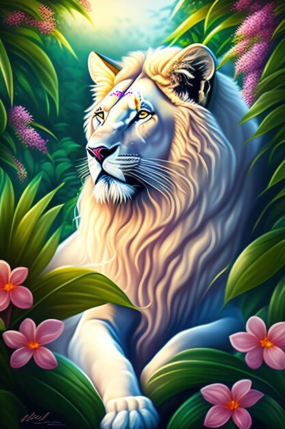Prachtige witte leeuw met een bloemenkrans op zijn hoofd gluurt uit de jungle