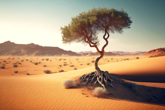 Prachtige woestijn met doornen en sklas en langzaam drogende eenzame bomen
