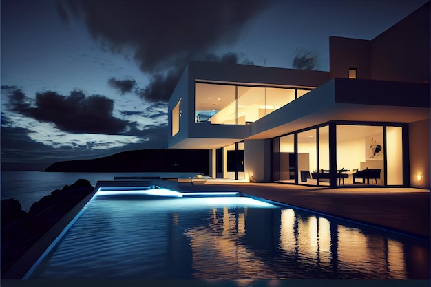Prachtige woonvilla Moderne architectuur met zwembad, een boom en uitzicht op zee