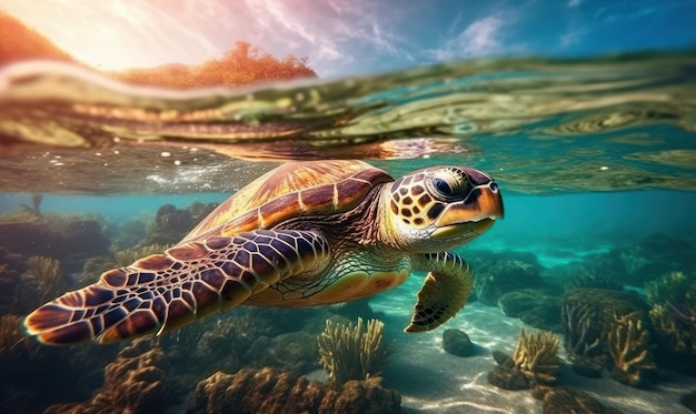 Prachtige zeeschildpad onderwater kristalblauwe oceaan Generatieve AI