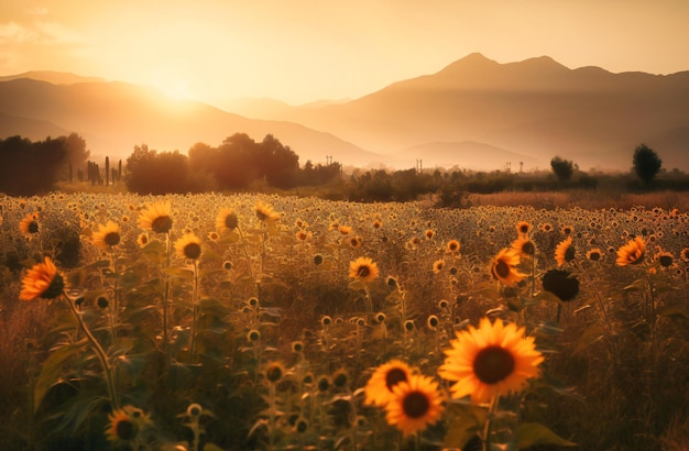 Prachtige zonnebloemen en bergen in een veld bij zonsondergang