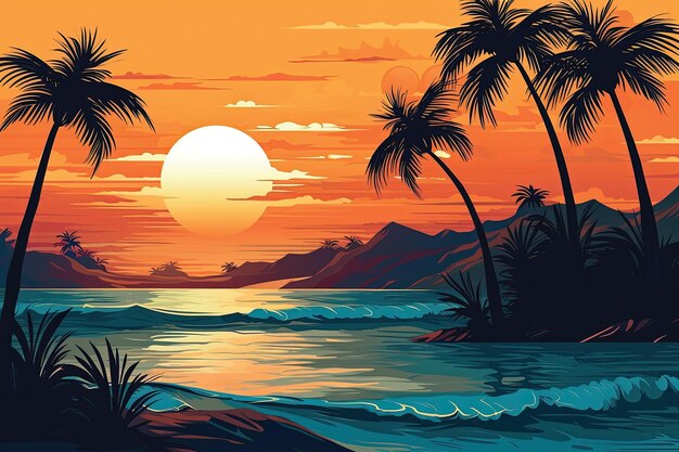 Prachtige zonsondergang boven de zee illustratie in vlakke stijl