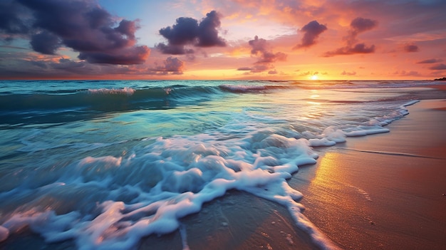 prachtige zonsondergang en zachte golf op het ondiepe strand