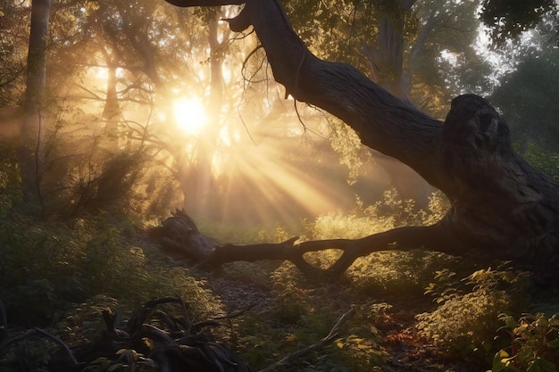 Prachtige zonsondergang in het bos met zonnestralen en mist