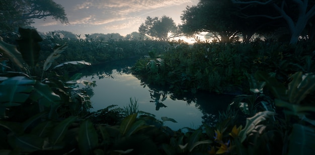 Prachtige zonsondergang in jungle paradijs. Dichte regenwoudvegetatie en kalme rivier. 3D-rendering.