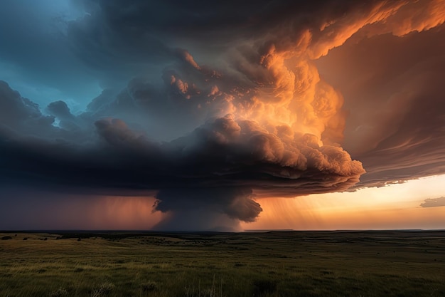 Prachtige zonsondergang met onweerswolken en tornado's op de achtergrond gemaakt met generatieve AI