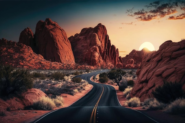 Prachtige zonsondergang met prachtige rode rotsformaties langs woestijnweg gemaakt met generatieve ai