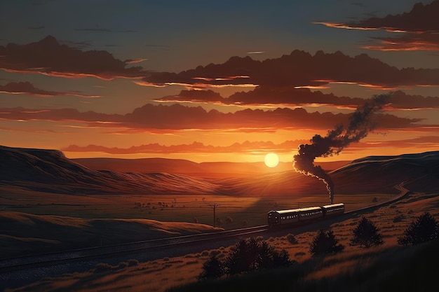 Prachtige zonsondergang met trein in de verte tegen een achtergrond van glooiende heuvels