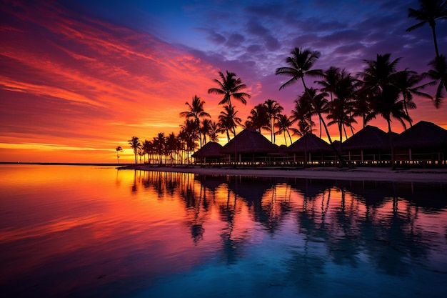 Prachtige zonsondergang op de Malediven met bungalows boven het water